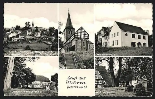 AK Mehren /Westerwald, Gesamtansicht, Gemeindehaus, Kirche, Ortspartie m. Denkmal