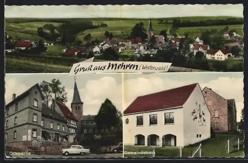 AK Mehren /Westerwald, Ortspartie mit Geschäft, Gemeindehaus, Teilansicht