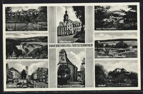 AK Hachenburg, Alter Markt mit Geschäften und Passanten, Schloss, Schwimmbad, Abtei Marienstatt