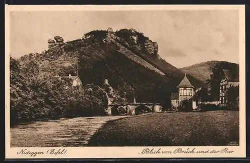 AK Nideggen /Eifel, Flusspartie mit Blick auf Brücke und Rur