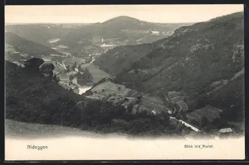 AK Nideggen, Blick ins Rurtal mit Flusspartie und Wäldern