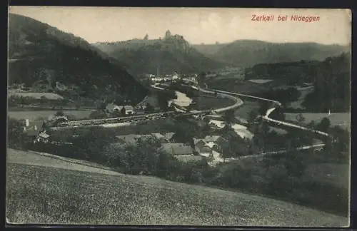 AK Zerkall bei Nideggen, Ortsansicht mit Burg im Hintergrund