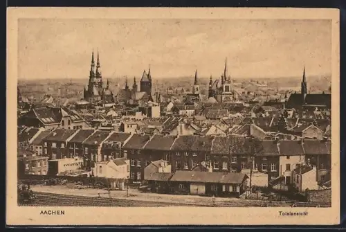 AK Aachen, Totanansicht aus erhöhter Position mit prominenten Kirchtürmen
