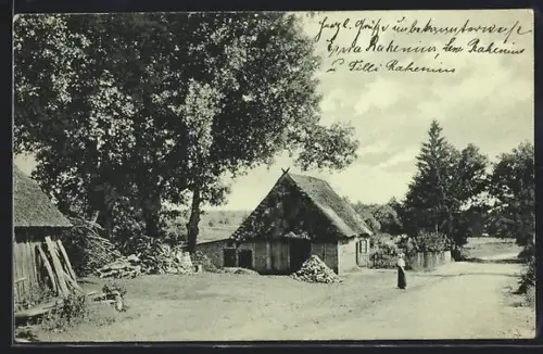 AK Undeloh /Lüneburger Heide, Strassenpartie mit Fussgängerin und Blick auf Scheune