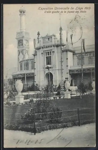 AK Liége, Exposition Universelle de Liége 1905, L`aile gauche de la facade des Halls, Ausstellung