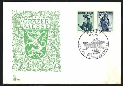 AK Graz, Frühjahrsmesse 1950, Plakatmotiv Grazer Messe mit Wappen, Stempel