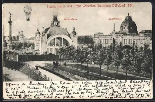 AK Düsseldorf, Kunst- u. Gartenbau-Ausstellung 1904, Sonderausstellungspavillon mit Kunstpalast u. Ballon