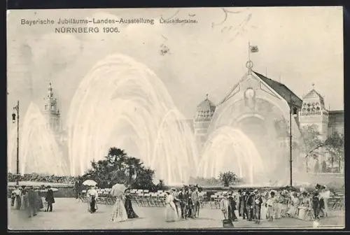 AK Nürnberg, Bayerische Jubiläums-Landes-Ausstellung 1906, Leuchtfontaine mit Ausstellungsgebäude