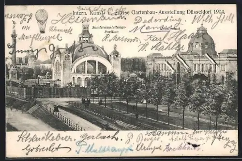 AK Düsseldorf, Internationale Kunst- u. Gartenbau-Ausstellung 1904, Ausstellungsgebäude mit Anlage, Säule, Ballon