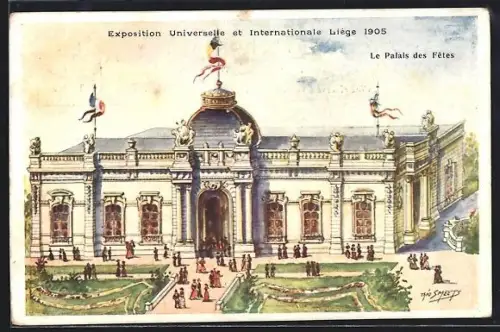 Lithographie Liége, Exposition Universelle et Internationale 1905, Le Palais des Fetes