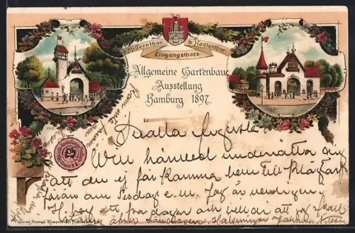 Lithographie Hamburg, Allgemeine Gartenbau-Ausstellung 1897, Eingangsthore