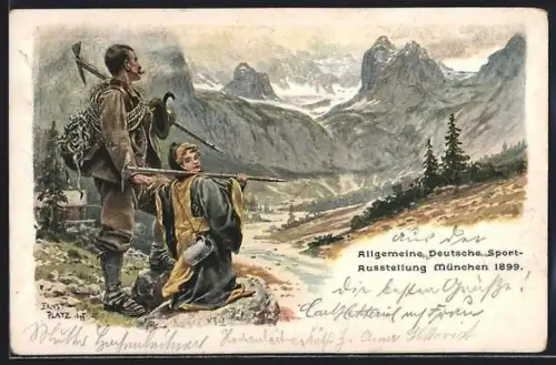 Künstler-AK Ernst Platz: München, Allgemeine Deutsche Sport-Ausstellung 1899, Bergsteiger, Münchner Kindl