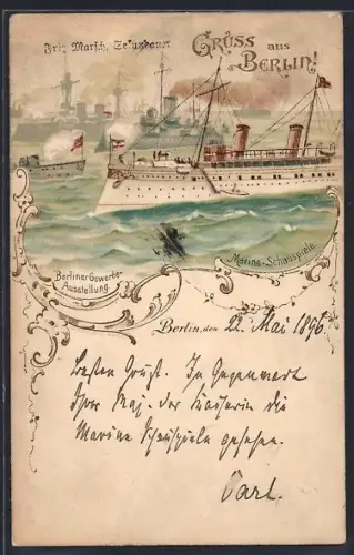 Lithographie Berlin, Berliner Gewerbe-Ausstellung 1896, Marine Schauspiele