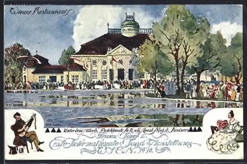 Künstler-AK Wien, Internationale Jagd-Ausstellung 1910, Wiener Restaurant