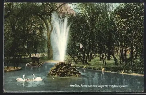 AK Teplitz Schönau / Teplice, Partie aus dem Kurgarten mit Herrenhaus