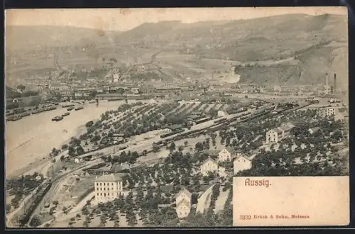 AK Aussig, Ortsansicht mit Fluss und Brücke