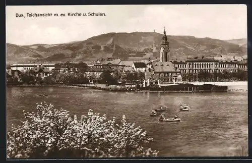 AK Dux, Teichansicht mit ev. Kirche und Schulen