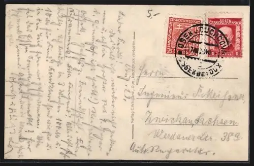 AK Dux, Teichansicht mit ev. Kirche und Schulen