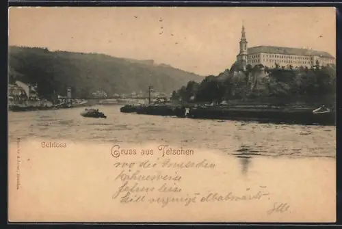 AK Tetschen, Flusspartie am Schloss