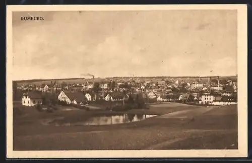 AK Rumburg, Ortspanorama mit Industrie-Schornsteinen