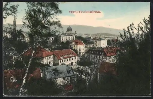 AK Teplitz-Schönau, Ortsansicht mit Synagoge