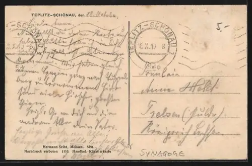 AK Teplitz-Schönau, Ortsansicht mit Synagoge