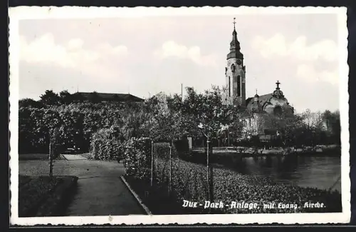 AK Dux, Park-Anlage mit Evang. Kirche