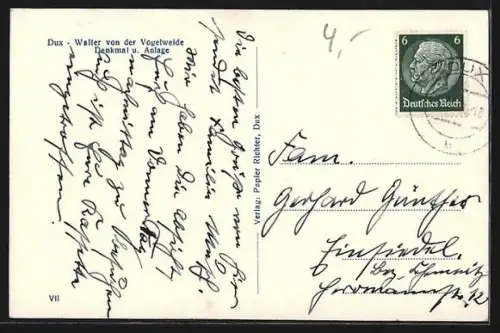 AK Dux, Walter von der Vogelweide Denkmal und Anlage