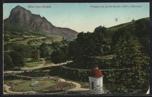 AK Bilin-Sauerbrunn, Anlagen mit Josefs-Quelle, Cafe u. Borschen