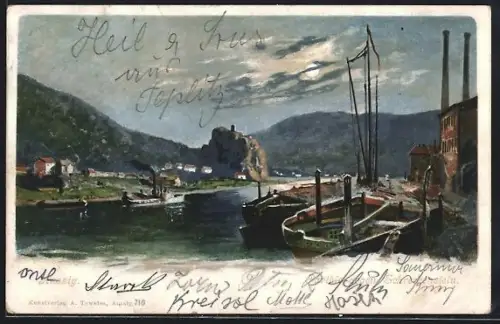 Lithographie Aussig, Partie gegen Schreckenstein