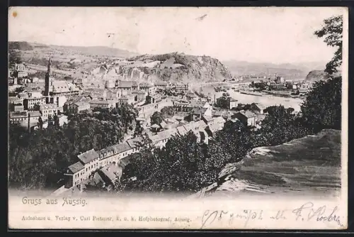 AK Aussig, Ortsansicht aus der Vogelschau