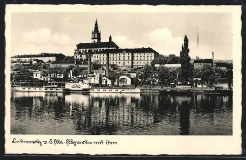 AK Leitmeritz a. d. Elbe, Elbpartie mit Dom