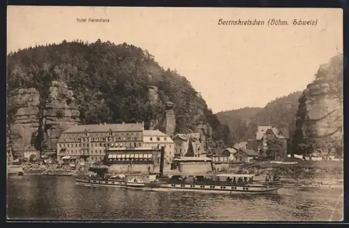 AK Herrnskretschen, Partei an der Elbe mit Hotel Herrenhaus