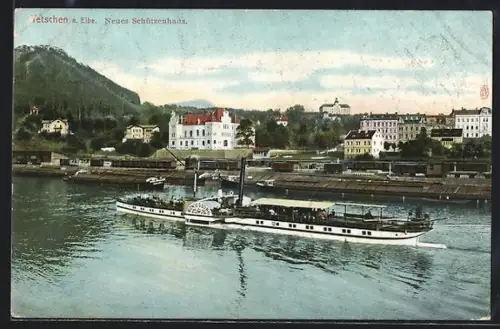 AK Tetschen a. Elbe, Neues Schützenhaus, Raddampfer König Georg
