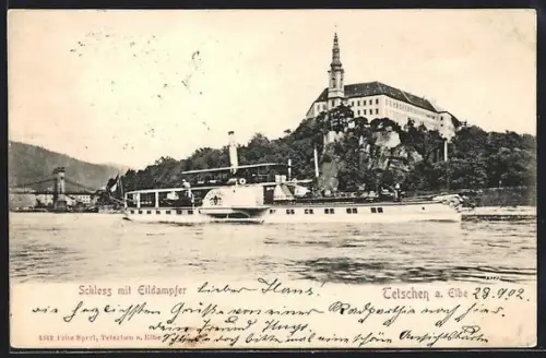 AK Tetschen a. Elbe, Schloss mit Binnenschiff Karlsbad