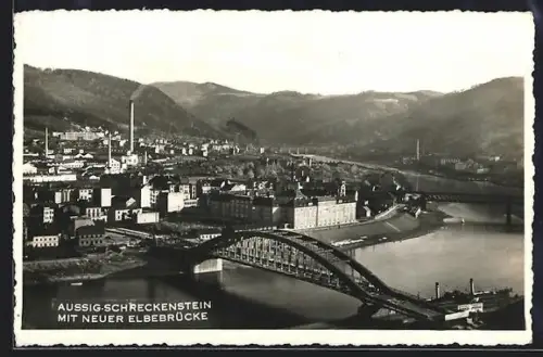 AK Aussig, Schreckenstein mit neue Elbebrücke