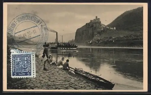 AK Schreckenstein, Flussdampfer nahe der Burg