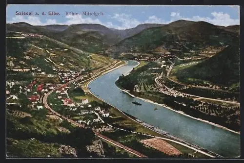AK Salesel-Dolni Zalezly, Elbtalpanorama mit der Ortschaft