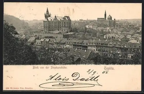 AK Teplitz, Blick von der Stephanshöhe mit Synagoge