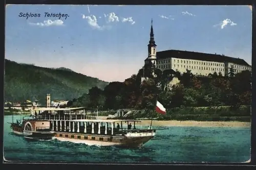 AK Tetschen, Raddampfer am Schloss