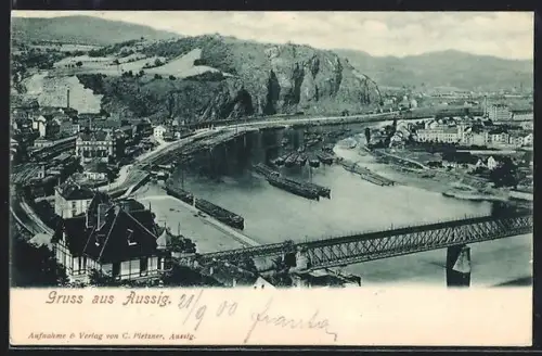 AK Aussig, Flusspartie mit Brücke