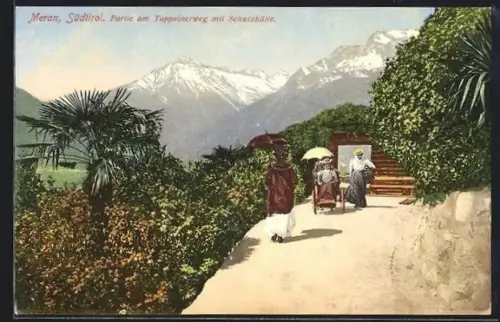 AK Meran /Südtirol, Partie am Tappeinerweg mit Schutzhütte