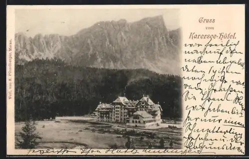 AK Karersee, Karersee-Hôtel in Landschaft, um 1900