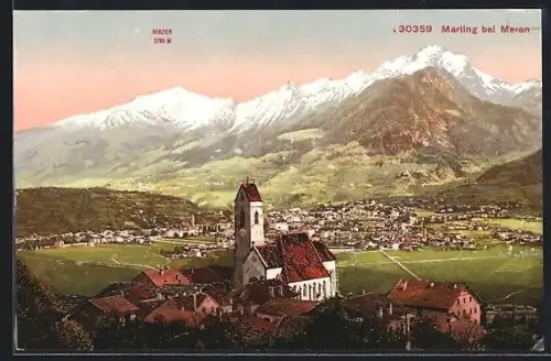 AK Marling bei Meran, Teilansicht mit Kirche und Hirzer