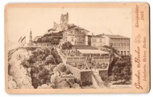 Fotografie Geschw. Becker, Königswinter, Ansicht Königswinter, der Drachenfels mit Hotel und Lokal