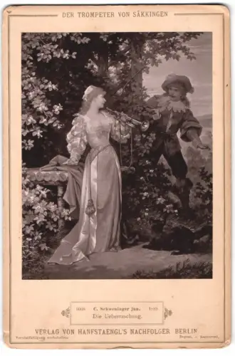 Fotografie Hanfstaengl, Berlin, Gemälde: Die Ueberraschung, nach C. Schweninger jun., Trompeter von Säkkingen