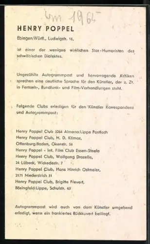 AK Musiker Henry Poppel lächelt in duie Kamera, Autograph