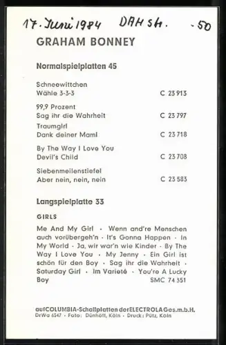 AK Musiker Graham Bonney mit Topfhaarschnitt und gestreiftem Hemd, Autograph