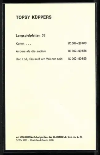 AK Sängerin Topsy Küppers lächelt freundlich den Betrachter an, Autograph