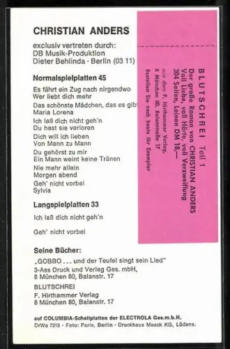 AK Musiker Christian Anders mit Zigarillo porträtiert, Autograph